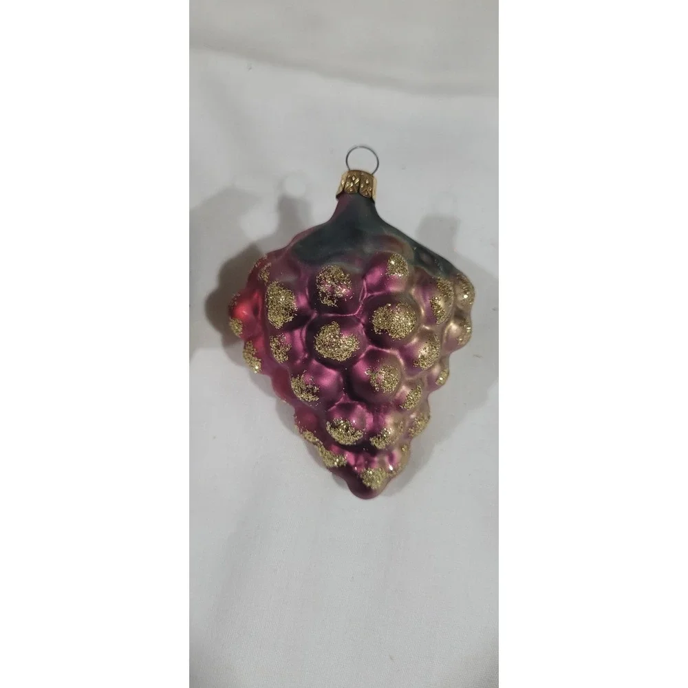 2 Vintage Czech Republic Glass Grape Cluster Christmas Ornaments Glitter